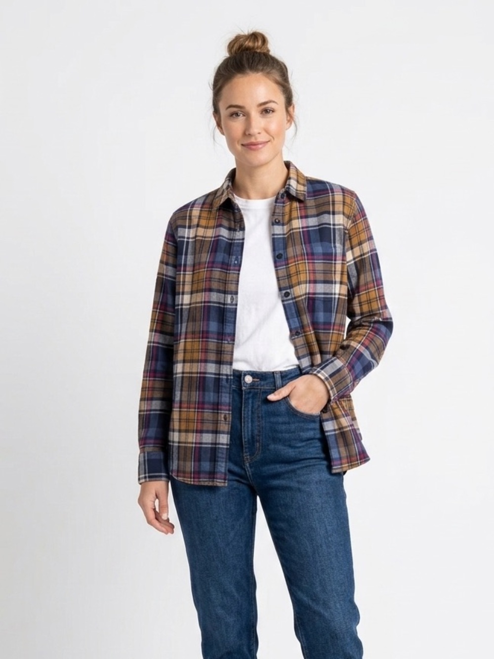 Uniqlo Women's Plaid Button-Down Shirt in Navy, Mustard & Pink. Size Small